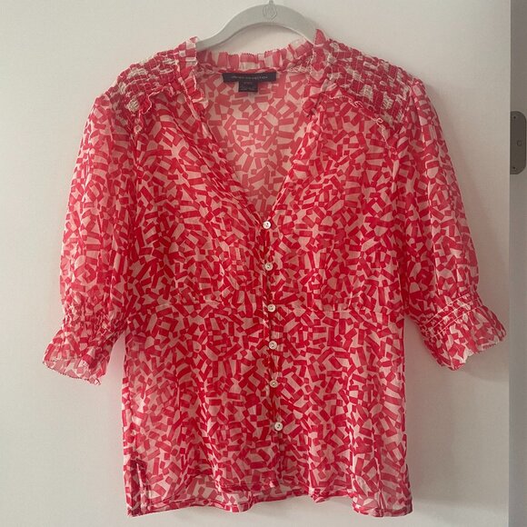 French Connection Helena Recycled Crinkle Top in Hibiscus and Cream, Size‎ 4 - Picture 1 of 4